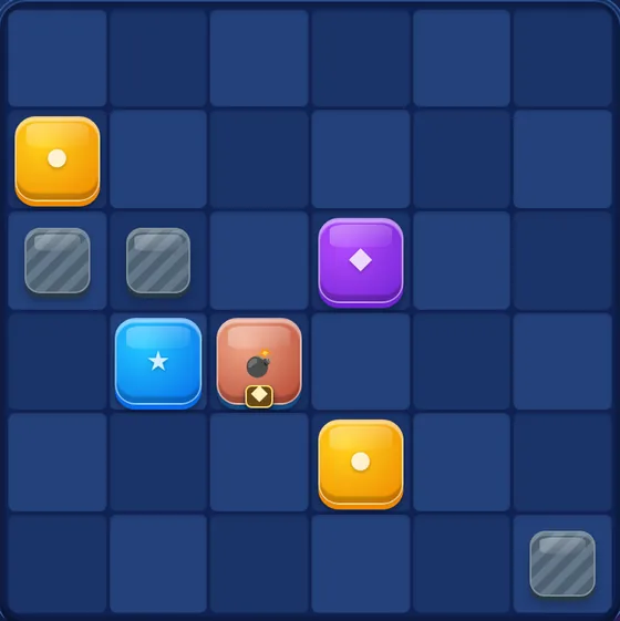 Hopstone Adventure level 21: board with a bomb next to blockers